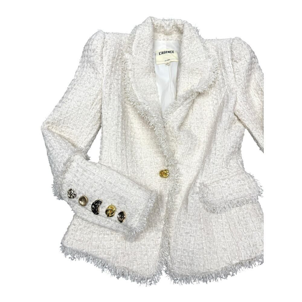 L’Agence Kaisley Tweed Blazer Ivory Gold Button Structured Jacket 2 - Picture 8 of 15
